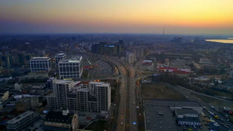 Aerial drone view of Bucharest at sunset, Romania. Multiple modern buildings, Vídeos de archivo 237711252