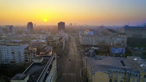 Aerial drone view of Bucharest at sunset, Romania. Multiple residential Stock Footage 237712037
