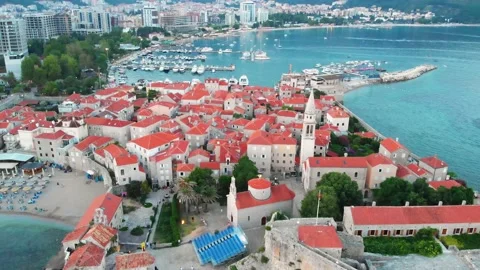 Aerial drone view - Budva, Old town, Montenegro Stock Footage 147456945