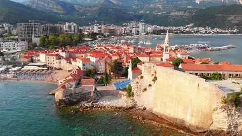 Aerial drone view - Budva, Old town, Montenegro Vídeo Stock 147456983