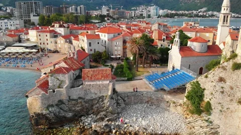 Aerial drone view - Budva, Old town, Montenegro Stock Footage 147457033