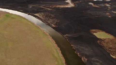 Aerial drone view of burned ground after big fire in Polish National Park Stock Footage 202050481