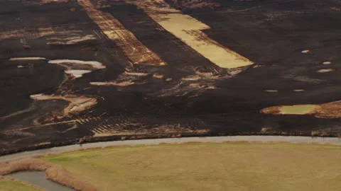 Aerial drone view of burned ground after big fire in Polish National Park Stock Footage 202050618