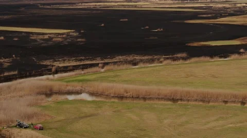 Aerial drone view of burned ground after big fire in Polish National Park Stock Footage 202050774