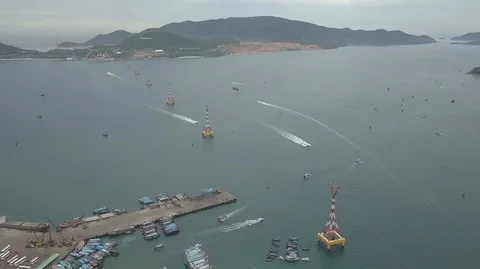 Aerial drone view of cable car over the sea in Vietnam. Vinpearl cable car in Stock Footage 128362701