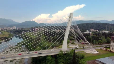 Aerial drone view of cable stayed Millennium bridge in Podgorica Stock Footage 196715307