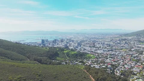 Aerial Drone View of Cape Town City Bowl and Harbour From Table Mountain Slopes Stock Footage 345519515