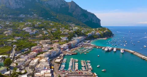 Aerial Drone View of Capri Harbor and Coastline, Amalfi Coast, Italy Stock Footage 340530589