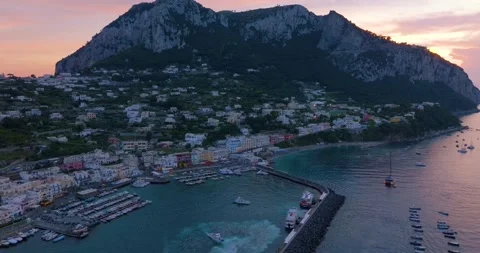Aerial Drone View of Capri Marina and Harbor at Sunset, Italy Stock Footage 340530565