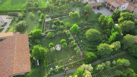 Aerial drone view captures the serene elegance of a summer wedding dinner. Stock Footage 264049922