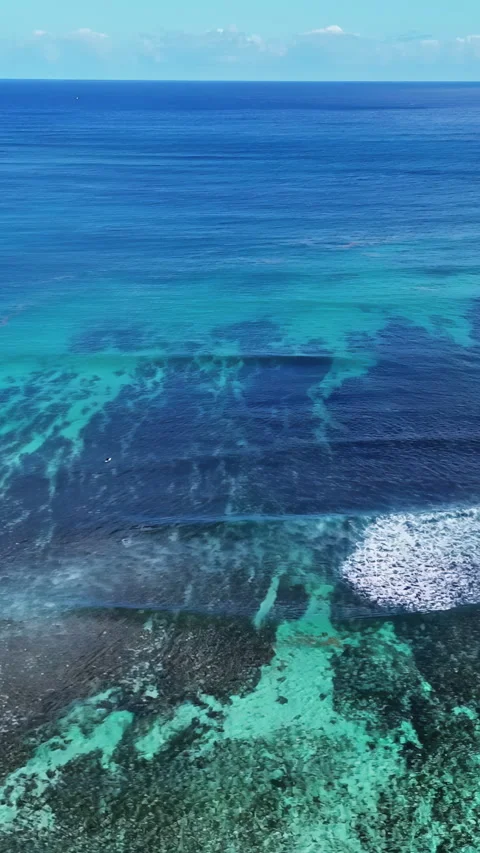 Aerial drone view capturing waves breaking along a coral reef with vibrant Stock Footage 332320496