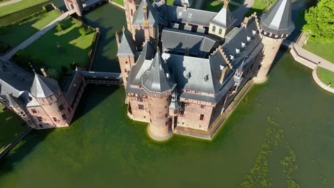 Aerial drone view Castle de Haar Utrecht and old historical garden Stock Footage 310174047