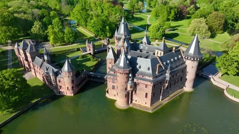 Aerial drone view Castle de Haar Utrecht and old historical garden Stock Footage 318380461