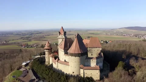 Aerial Drone View of Castle Overlooking River Town Stock Footage 327059857