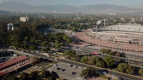 Aerial drone view of the central campus of UNAM, Mexico City Stock Footage 104434162