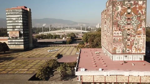 Aerial drone view of the central campus of UNAM, Mexico City Stock Footage 104434278