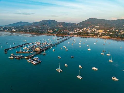 Aerial drone view of Chalong pier at sunrise, Phuket, Thailand 스톡 사진