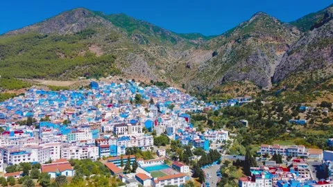 Aerial Drone View of Chefchaouen Blue City in Morocco, 4K Stock Footage 346767651