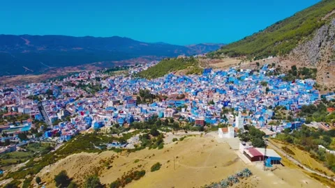 Aerial Drone View of Chefchaouen Blue City in Morocco, 4K Stock Footage 346767724
