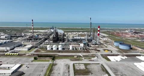 Aerial drone view of a chemistry processing facility, heavy industrial Stock Footage 251949335