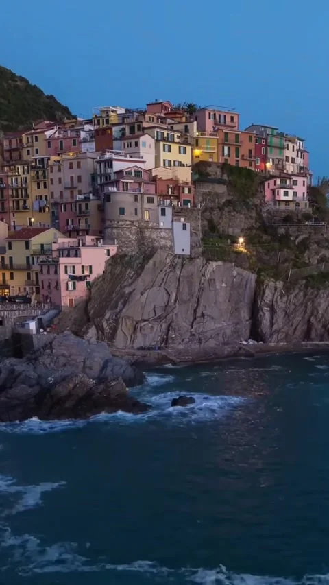 Aerial drone view of Cinque Terre Italy coastal villages and scenic landscapes. Vídeos de archivo 335018709