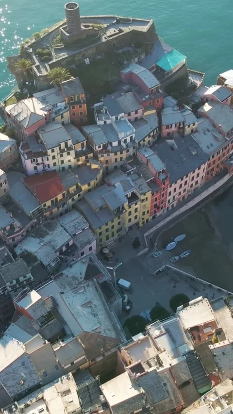 Aerial drone view of Cinque Terre Italy coastal villages and scenic landscapes. Stock Footage 335018757