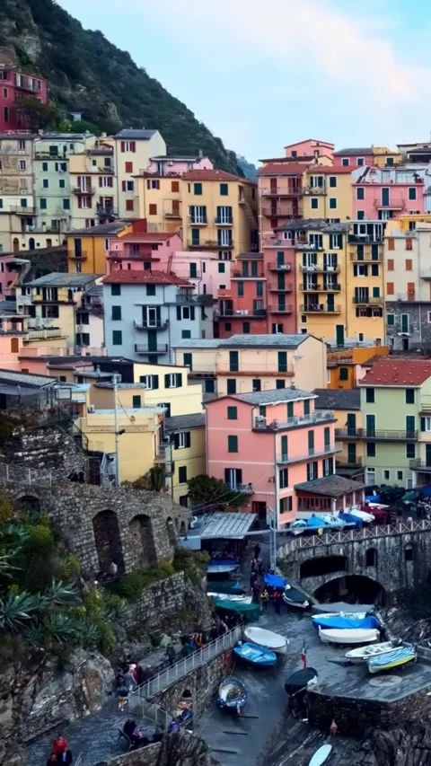 Aerial drone view of Cinque Terre Italy coastal villages and scenic landscapes. Stock Footage 335018884