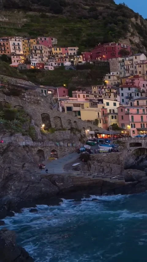 Aerial drone view of Cinque Terre Italy coastal villages and scenic landscapes. Vídeos de archivo 335018906