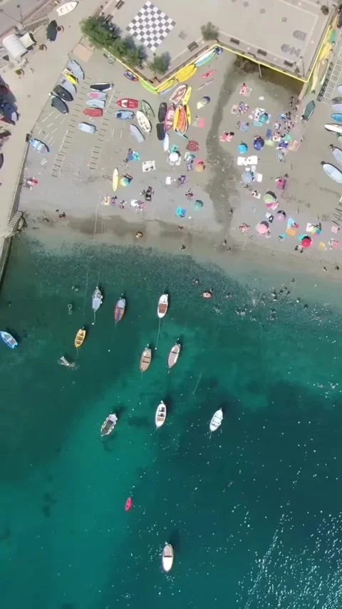 Aerial drone view of Cinque Terre Italy coastal villages and scenic landscapes. Vídeos de archivo 335018975