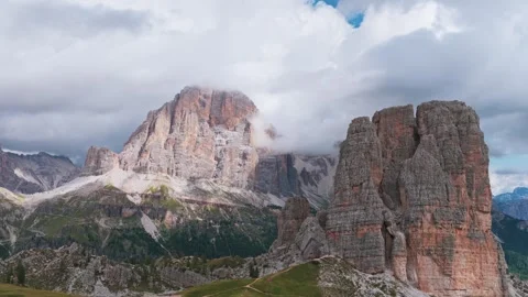 Aerial drone view of Cinque Torri rock formations in the Dolomites, Italy Stock Footage 320254496