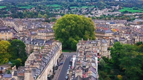 Aerial drone view of The Circus historic Georgian architecture in Bath England Stock Footage 331453841
