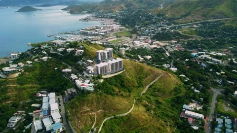 Aerial Drone View of City Scape Of Downtown Port Moresby Stock Footage 296826472