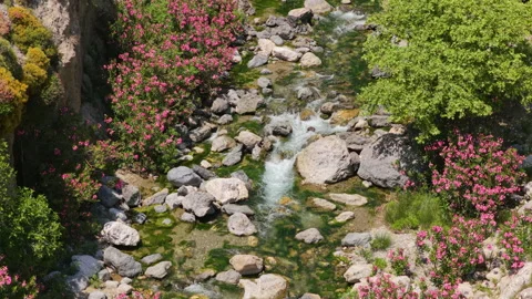 Aerial drone view of a clear turquoise river pool among boulders with pink Видео 339299168