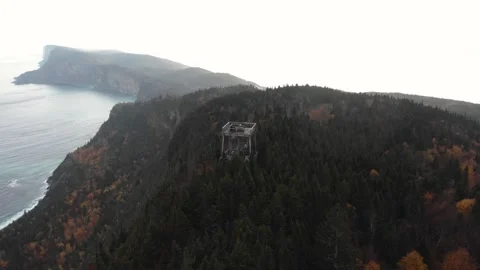 Aerial drone view of cliffs and misty Cap Gaspé, Forillon National Park 스톡 동영상 330950824