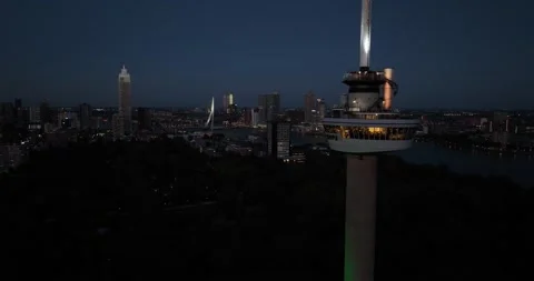 Aerial drone view of a close up view of the Euromast, large tower part of the Stock Footage 250389538