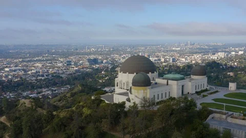 Aerial drone view of closed Griffith Observatory near sunrise Stock Footage 128222179