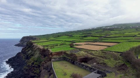 Aerial Drone View Of Coastal Patchwork Farmland On Terceira Island Azores Stock-Footage 336312145