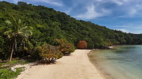 Aerial drone view of Coco Beach, with its golden sands and crystal-clear waters. Stock Footage 295913863