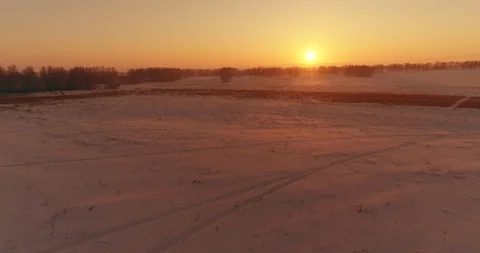 Aerial drone view of cold winter landscape with arctic field, trees covered with Stock Footage 127359239