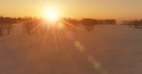 Aerial drone view of cold winter landscape with arctic field, trees covered with Stock Footage 127361073