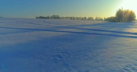 Aerial drone view of cold winter landscape with arctic field, trees covered with Stock Footage 127373765