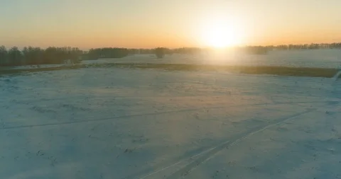 Aerial drone view of cold winter landscape with arctic field, trees covered with Stock Footage 129239565