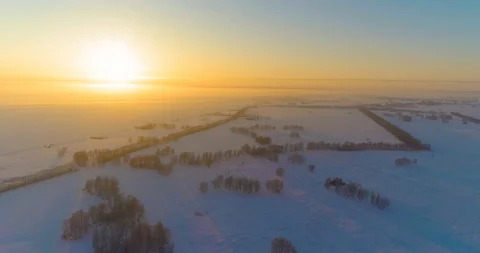 Aerial drone view of cold winter landscape with arctic field, trees covered with Stock Footage 129244449