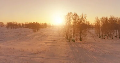 Aerial drone view of cold winter landscape with arctic field, trees covered with Stock Footage 129250026