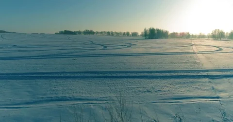 Aerial drone view of cold winter landscape with arctic field, trees covered with Stock Footage 129257055