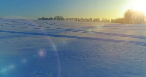 Aerial drone view of cold winter landscape with arctic field, trees covered with Stock Footage 129258697