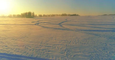 Aerial drone view of cold winter landscape with arctic field, trees covered with Stock Footage 129259238