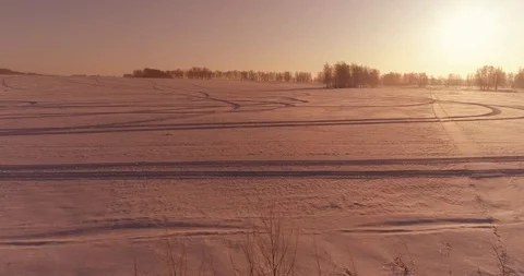Aerial drone view of cold winter landscape with arctic field, trees covered with Stock Footage 129284240
