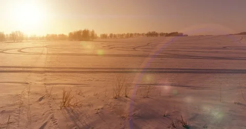 Aerial drone view of cold winter landscape with arctic field, trees covered with Stock Footage 129284433