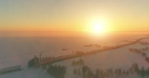 Aerial drone view of cold winter landscape with arctic field, trees covered with Stock Footage 152989017
